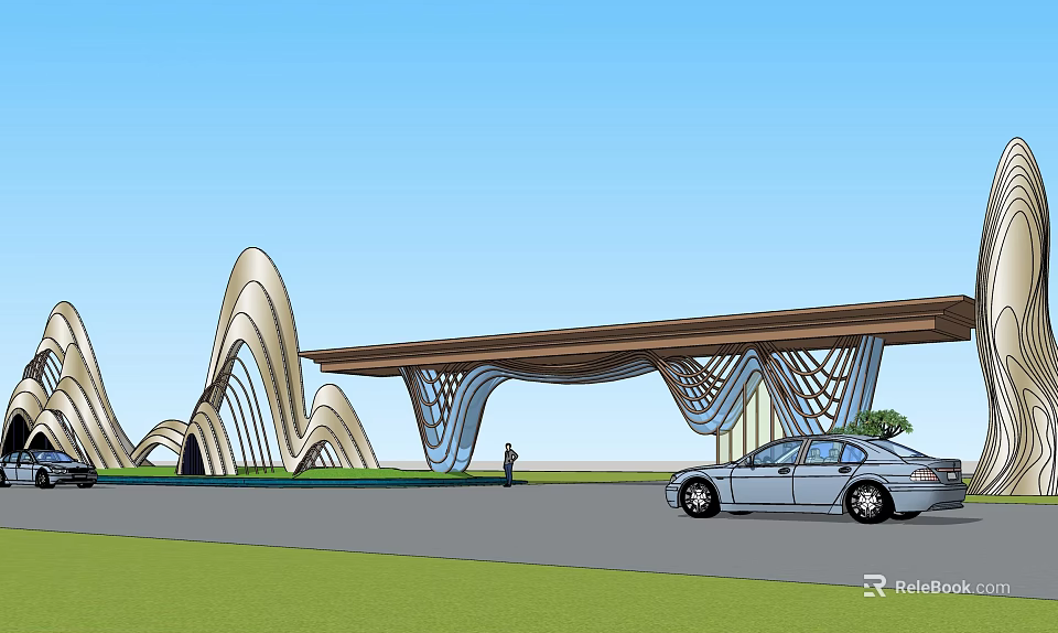 Modern Entrance Gate With Wavy Structure Extended Canopy Green Lawn And Blue Sky 3d model 