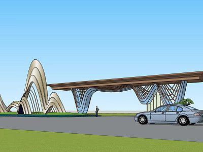 Modern Entrance Gate With Wavy Structure Extended Canopy Green Lawn And Blue Sky 3d model