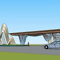 Modern Entrance Gate With Wavy Structure Extended Canopy Green Lawn And Blue Sky