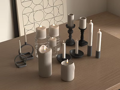 Stylish Candles And Candle Holders On Wooden Table With Modern Design And Lit Flames 3d model