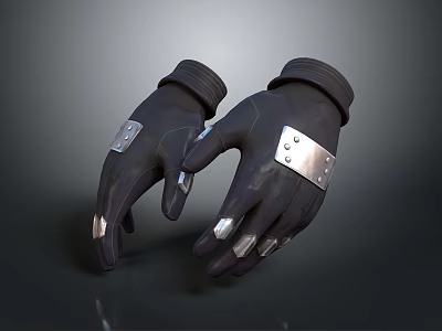Pair of Black Leather Gloves With Metal Buckles And Finger Metal Decorations 3d model