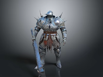 Fantasy Greatsword Weapon Held By Armored Character With Spiked Metallic Armor 3d model