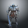 Fantasy Greatsword Weapon Held By Armored Character With Spiked Metallic Armor