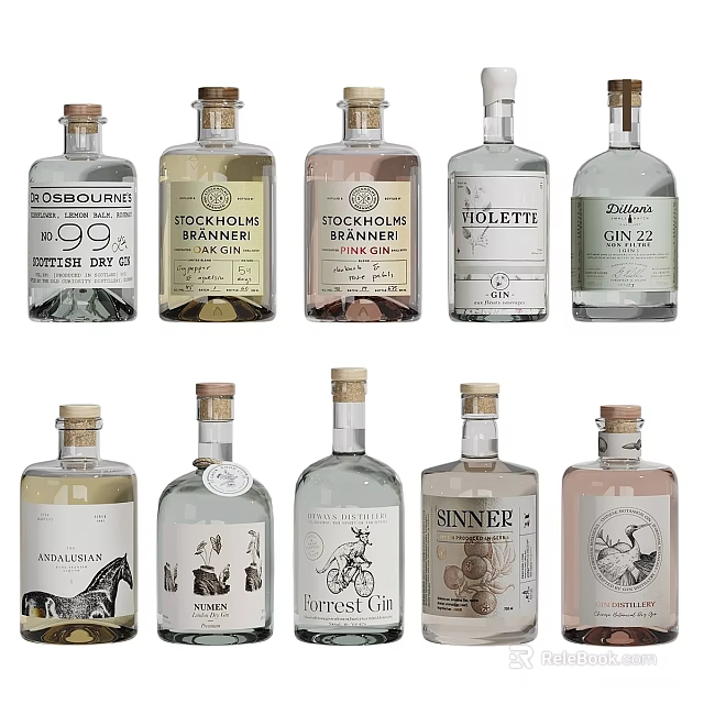 Assorted Gin Bottles with Diverse Labels and Brand Designs on 3d model