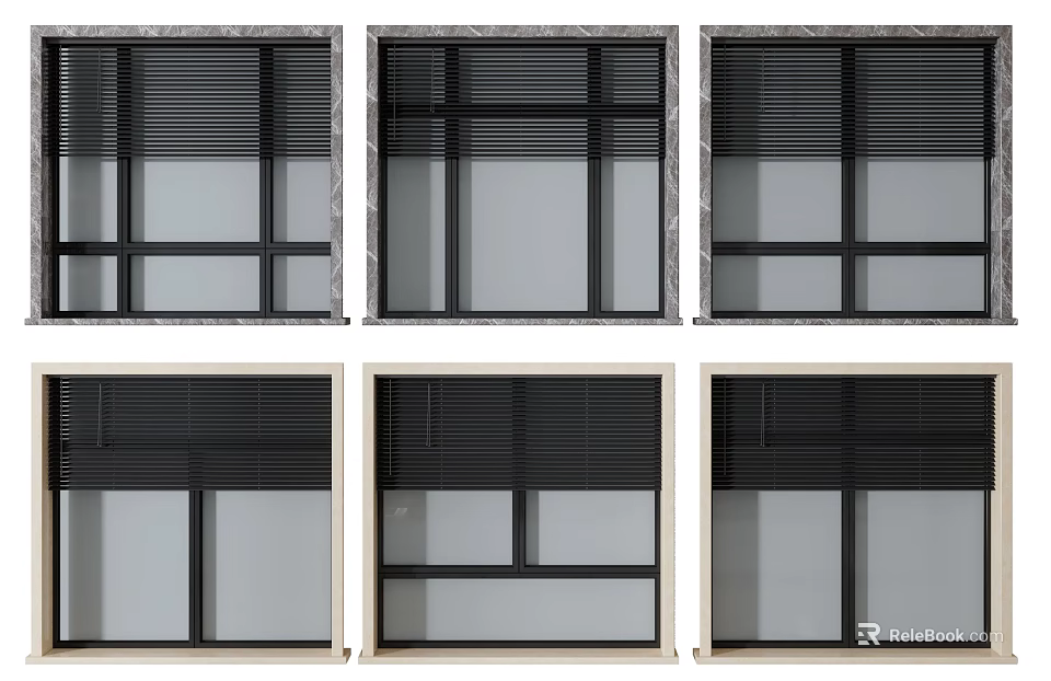 Casement Windows With Various Modern Designs Sleek Black Frames And Blinds 3d model