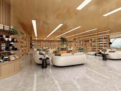 Book Art Themed Library Interior With Wooden Ceiling And Sofas 3d model