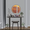 Stylish Dressing Table With Round Lighted Mirror Cosmetics Perfume Bottles Lipsticks And Flower Vase