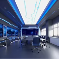 Hi Tech Conference Room Interior With Large Digital Screens Blue Lighting And Metallic Chairs