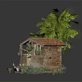 Cartoon Scene Featuring Small Cabin Red Tile Roof Stone Tower Bench String Lights Green Tree
