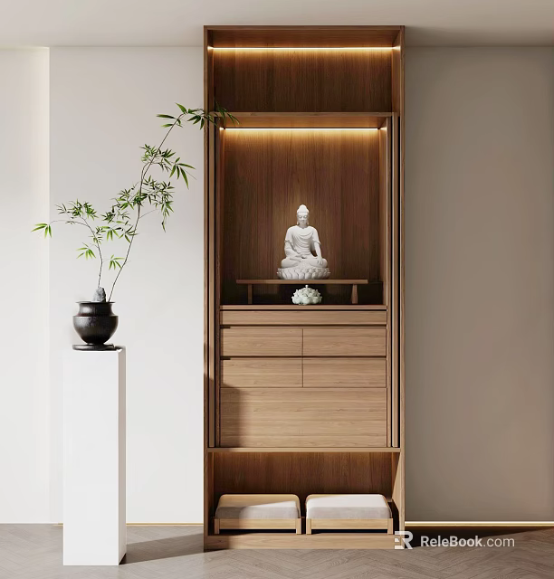 Wooden Buddhist Shrine Cabinet With Built in Lighting Buddha Statue Decorative Green Plant And Drawers 3d model 