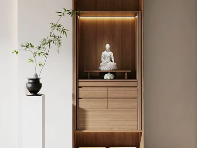 Wooden Buddhist Shrine Cabinet With Built in Lighting Buddha Statue Decorative Green Plant And Drawers 3d model