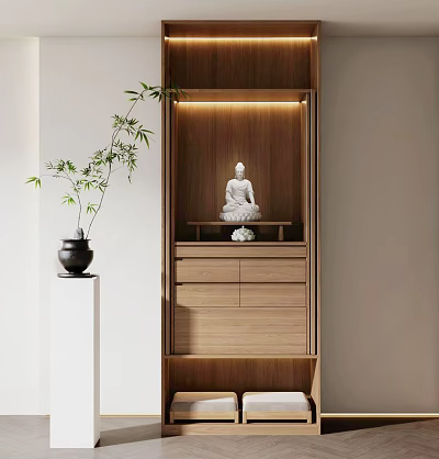 Wooden Buddhist Shrine Cabinet With Built in Lighting Buddha Statue Decorative Green Plant And Drawers 3d model