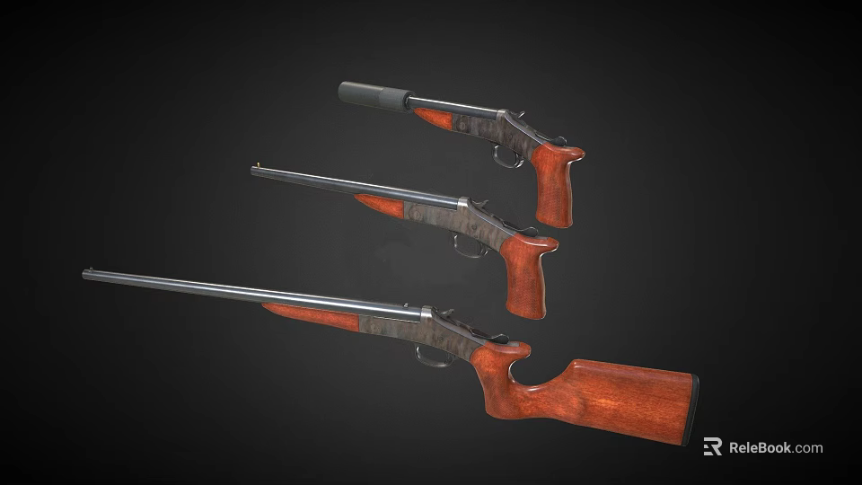 Three Guns With Varying Barrel Lengths Wooden Stocks And Black Barrels 3d model 