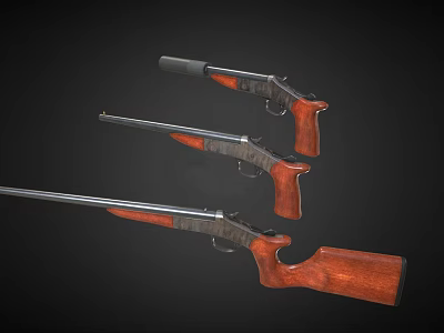 Three Guns With Varying Barrel Lengths Wooden Stocks And Black Barrels 3d model