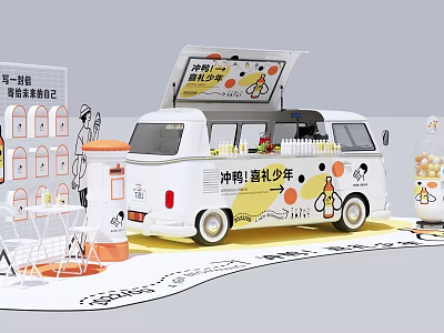 White Food Truck With Open Top Orange Decorations Tables And Chairs For Cheese Snacks 3d model