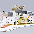 White Food Truck With Open Top Orange Decorations Tables And Chairs For Cheese Snacks