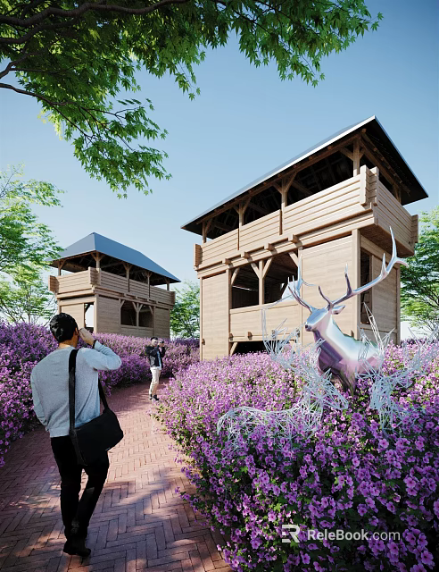 Scenic Roadside Facilities With Wooden Towers Purple Flowers Deer Sculpture And Pedestrian Pathway 3d model 