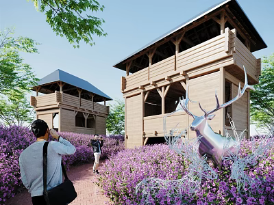 Scenic Roadside Facilities With Wooden Towers Purple Flowers Deer Sculpture And Pedestrian Pathway 3d model