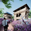 Scenic Roadside Facilities With Wooden Towers Purple Flowers Deer Sculpture And Pedestrian Pathway