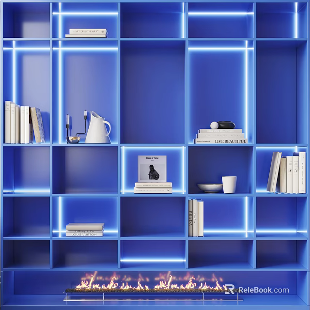 Modern Blue Bookshelf With Compartment Design Illuminated LED Lights And Decorative Books 3d model 