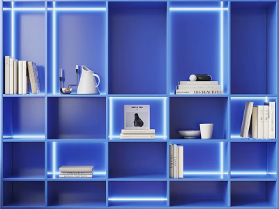 Modern Blue Bookshelf With Compartment Design Illuminated LED Lights And Decorative Books 3d model