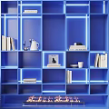 Modern Blue Bookshelf With Compartment Design Illuminated LED Lights And Decorative Books