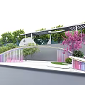 Modern Entrance Gate With Colorful Ribbon Decorations Green Plants And White Pavement