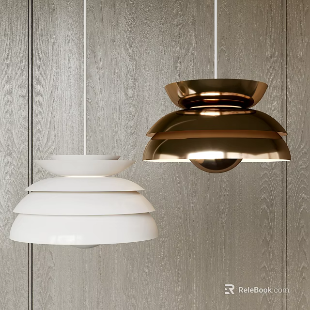 Modern Contemporary Pendant Lights With White And Gold Layered Design And Wooden Wall Background 3d model 