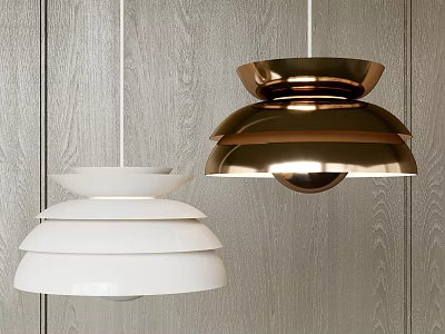 Modern Contemporary Pendant Lights With White And Gold Layered Design And Wooden Wall Background 3d model