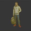 Man in Gray Hoodie Blue Jeans Red Shoes Holding Patterned Backpack Against Gray Black Background