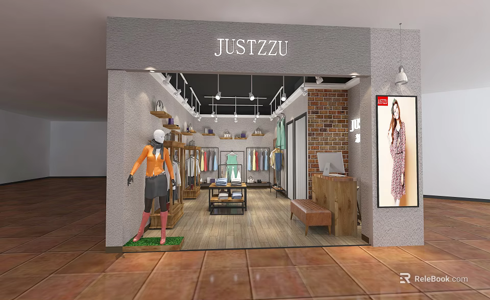 Justzzu Clothing Store Interior Featuring Mannequin Clothing Racks Wooden Flooring Brick Wall And Display Counter 3d model 