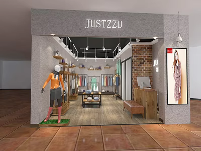 Justzzu Clothing Store Interior Featuring Mannequin Clothing Racks Wooden Flooring Brick Wall And Display Counter 3d model