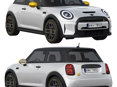 White Mini Cars With Gold Side Mirrors And Stylish Design 3d model
