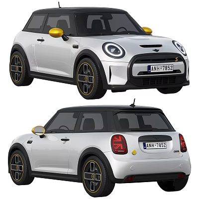 White Mini Cars With Gold Side Mirrors And Stylish Design 3d model