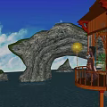 Picturesque Waterfront Landscape Featuring Red Pavilion Viewing Platform Hills Trees And Water