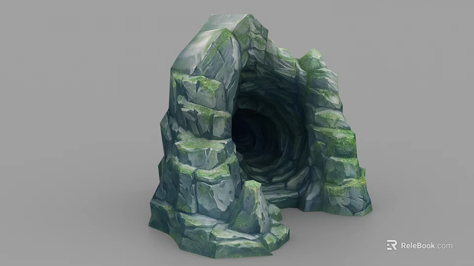 Naturally Formed Green Rocky Cave With Moss Covered Surfaces And Dark Interior Landscape 3d model 