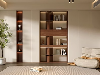 Modern Wooden Bookcase With Multiple Shelves And Decorative Items In Minimalist Living Room 3d model