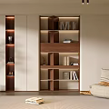 Modern Wooden Bookcase With Multiple Shelves And Decorative Items In Minimalist Living Room