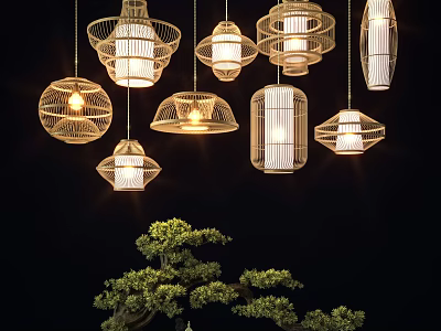 Modern Woven Pendant Lights with Various Shapes Hanging Above Green Plant Decor 3d model