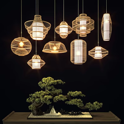 Modern Woven Pendant Lights with Various Shapes Hanging Above Green Plant Decor 3d model