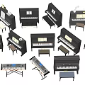 Various Black Pianos And Keyboard Instruments With Music Tools And Stools 3d model