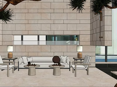 Hotel Public Lounge Featuring Modern Stone Wall Comfortable Sofa Stylish Lamps And Green Plants 3d model
