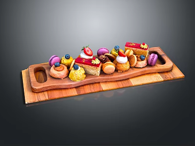 Assorted Colorful Desserts on Wooden Tray with Macarons and Fruit Toppings 3d model