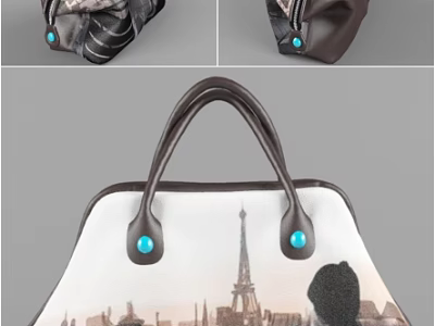 Stylish Travel Handbag With Eiffel Tower Print White Background Brown Handles And Blue Accents 3d model