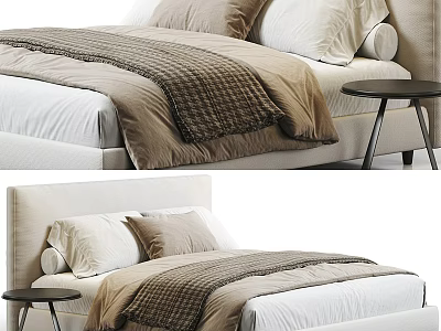 Modern Minimalist Double Bed Design With Upholstered Headboard Beige White Bedding Pillows And Side Table 3d model