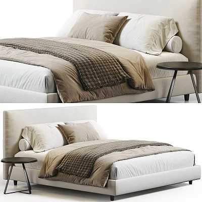 Modern Minimalist Double Bed Design With Upholstered Headboard Beige White Bedding Pillows And Side Table 3d model