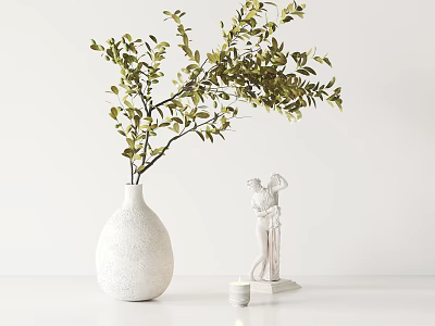 White Vase With Green Foliage Next To White Statue And Small Candle On White Table 3d model
