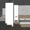 Modern Bedroom Interior Design With Bathtub Wooden Headboard Gray Bedding And Pendant Light