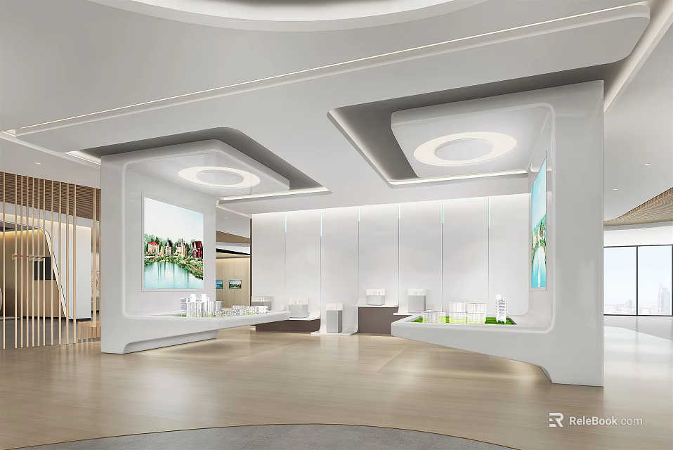 Modern Sales Office Open Space With White Tone Display Counters Green Plants And Large Windows 3d model 
