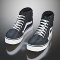 Black High Top Sneakers With White Laces White Soles And Side Stripes
